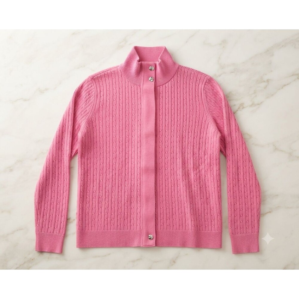 Lauren Ralph Lauren Women XL Pink Cable Knit Full Zip Cardigan Mock Neck Sweater